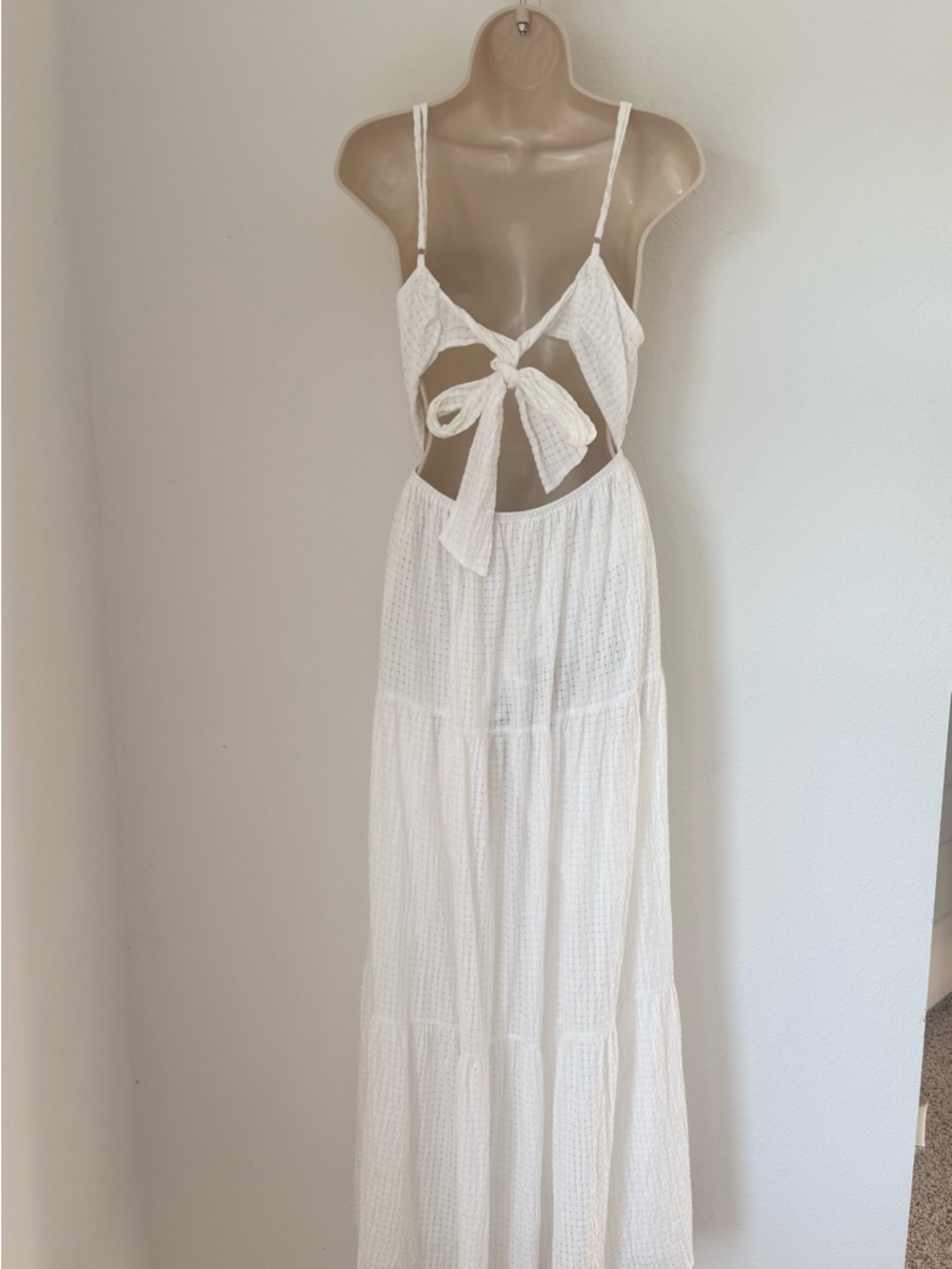 White flowy Maxi Deep V-Neck Small Dress Textured Cottagecore Boho Beach Bridal - Picture 4 of 7